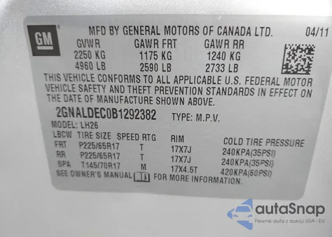 2011 Chevrolet Equinox 1Lt z USA, uszkodzony, nr VIN 2GNALDEC0B1292382